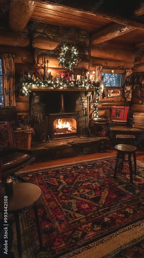 Poster Quaint Cabin New Year's Eve with Warm Fireplace and Rustic Decor