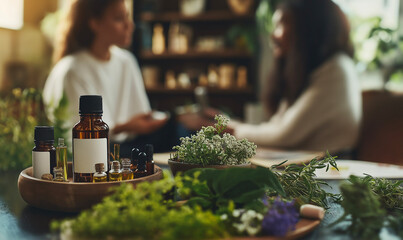 Patient consulting with a homeopathic practitioner, discussing natural remedies such as herbs and essential oils in a peaceful, holistic environment, highlighting alternative medicine practices.
