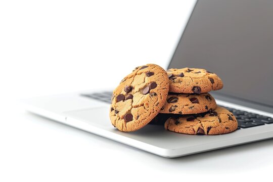 A stack of freshly baked chocolate chip cookies resting on top of a laptop