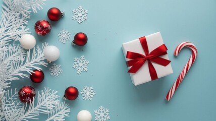 Christmas-Themed Flat Lay Background with Pine Branches and Baubles