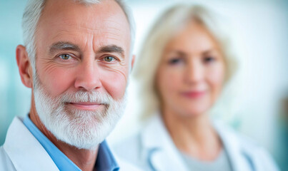 Close-up portrait of senior doctors in a modern clinic, highlighting experience, professionalism, and compassionate healthcare in a medical setting.