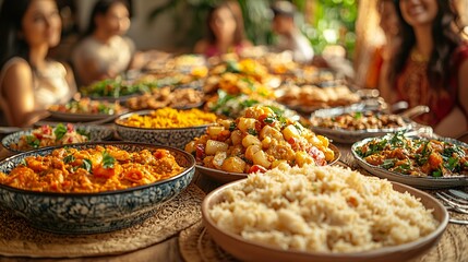 Fototapeta premium Delicious Indian Food Dishes on Table with Blurred People Background