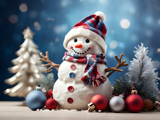 Obraz premium Snowman and Christmas tree decoration background banner