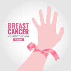 Vector Illustration of Breast Cancer Awareness Month. Hand with ribbon.
