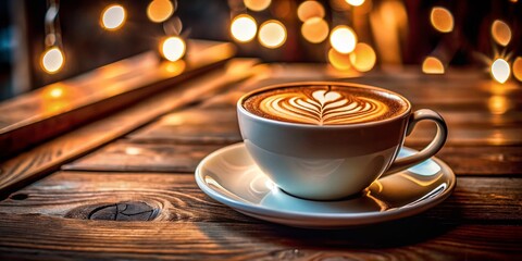 Obraz premium Rich and Creamy Marble Cappuccino with Beautiful Latte Art in a Stylish Coffee Cup on Wooden Table