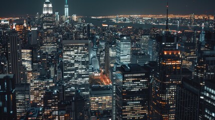 Naklejka premium Urban landscape viewed from high altitude, highlighting buildings and streets at night