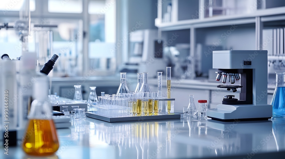 Poster laboratory setup with microscope and chemical flasks