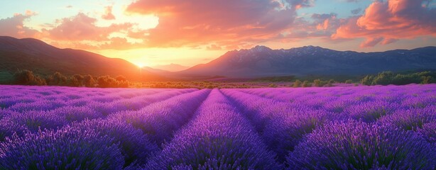 Fototapeta premium Sunset over a Lavender Field with Mountain Views and Vibrant Colors