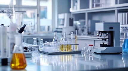 Laboratory Setup with Microscope and Chemical Flasks