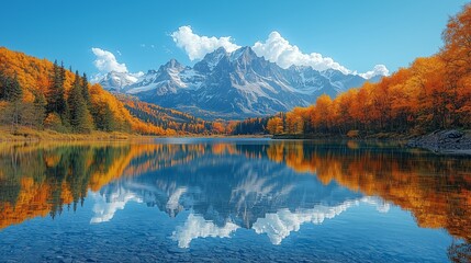 Obraz premium Scenic autumn landscape featuring a tranquil lake reflecting the vibrant colors of mountains and forests under a cloudy sky