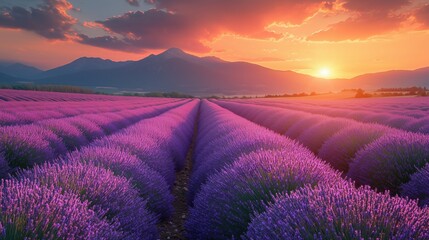 Sunset over a Lavender Field with Mountain Views and Vibrant Colors