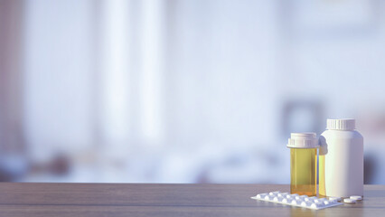The medicine bottle on wood table for heath and sci concept 3d rendering.