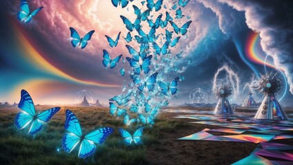 Obraz premium Blue Butterflies in Ethereal Landscape with Futuristic Structures and Dramatic Skies Exuding a Surrealist Dreamlike Quality in Natural and Geometric Harmony