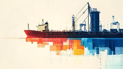 Obraz premium A chart showing the correlation between increasing oil prices and transportation costs, with images of cargo ships and trucks in the margins to emphasize the impact on logistics. 