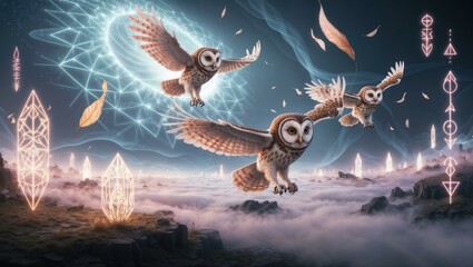 Fototapeta premium Mystical Scene of Owls Soaring Above Foggy Landscape with Glowing Geometric Crystals and Ethereal Background Lucid Dreams Concept Artwork