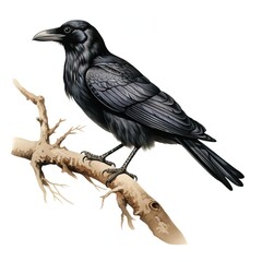 Raven perched on a branch, white isolate background