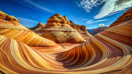 A breathtaking aerial view of The Wave, a sandstone rock formation in Arizona, showcasing its unique, undulating shape and vibrant colors against a clear blue sky.