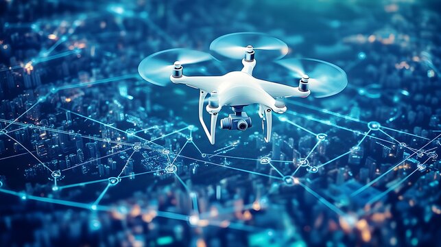 A drone flying over a digital map with various air routes highlighted, representing advanced route planning for aerial logistics, with data points and lines connecting different locations. 