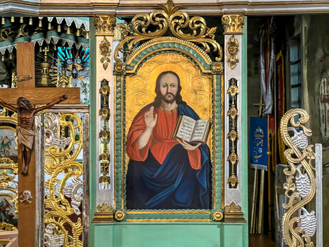 Interior of the wooden Lemko church, currently the Roman Catholic Church of St. Cosmas and Damian in Milik near Muszyna, Poland.
