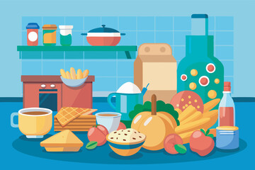 A tidy kitchen with a spread of fresh food on a big table, including fruits, bread, coffee, and more. Cooking tools, decor, and a cozy vibe indicate a welcoming meal setup.