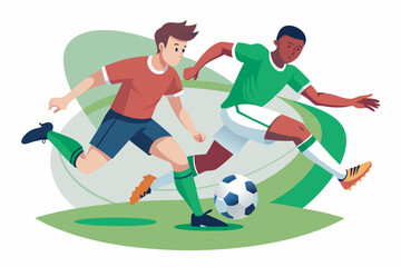 Two male footballers, one in a red jersey, the other in green, sprint towards a soccer ball on a grass field, capturing the competitive essence of a football game.