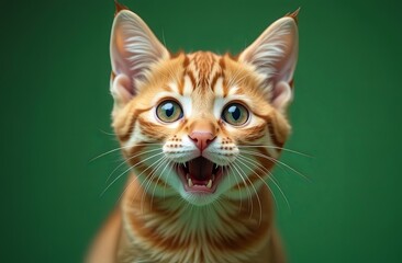 Cute fluffy surprised cat on the green background. Ideal for advertising pet's feed, promotions, grooming, pet's shop. With space for text.
