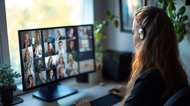 A woman attends a virtual meeting, engaged in conversation with multiple participants displayed on her computer screen.