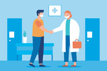 Fototapeta premium An image shows a doctor's office with a female doctor in a lab coat shaking hands with a male patient. Both wear masks. The scene reflects positive healthcare interactions during a pandemic.