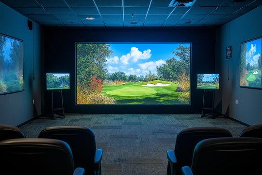 modern indoor golf simulator club interior design professional photography
