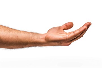 A person offering their hand on a clean white background