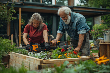 A man and a woman are gardening in a raised wooden bed, tending to plants