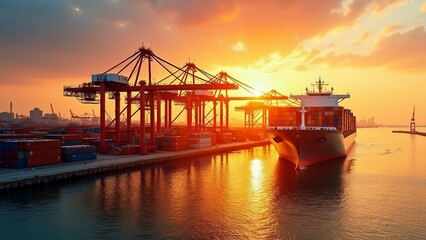 Fototapeta premium Cargo ship at a bustling port during a vibrant sunset