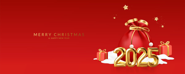 Christmas and New Year 2025 greeting card with golden realistic metallic numbers and santa bag.
