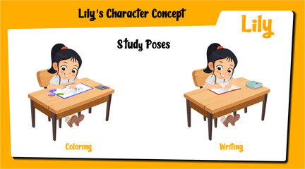 A cute girl cartoon character studying AKA Lily, Little girl cartoon in school dress.