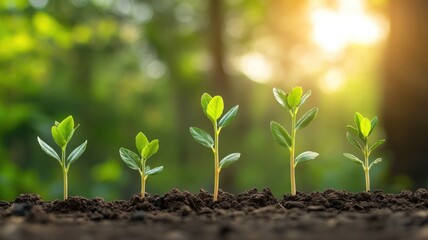 Five seedlings growing in soil with sunlight Emerging plants symbolize growth and nature