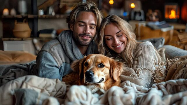 Couple snuggling with their dog on a comfortable couch