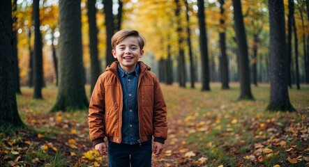 Joyful young Caucasian boy wearing a jacket in a forest during autumn