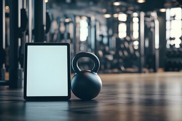 A kettlebell and a tablet rest on a gym floor, symbolizing fitness technology and strength training in a modern workout environment.