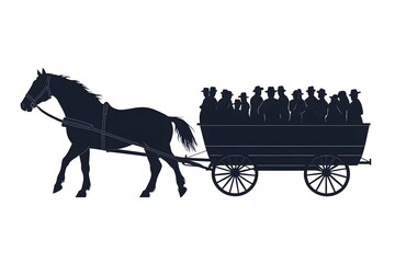 A silhouette of a horse pulling a cart filled with people, depicting a traditional mode of transportation.