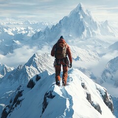 Climber in red jacket trekking through the snowy Alps under bright sunlight