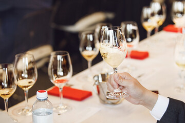 Close up Photo of Sommelier Hand Swirling Sparkling Wine During Tasting on Contest by Professional Sommelier