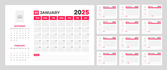 corporate Monthly pages Planner Calendar  Templates 2025 set. wall or desk simple 2025 Planner Calendar bundle with week start on Sunday. Set of 12 Months 2025 Wall quarterly calendar design.