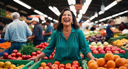 Obraz premium Laughing middleaged Hispanic woman wearing a blouse in a bustling farmer’s market
