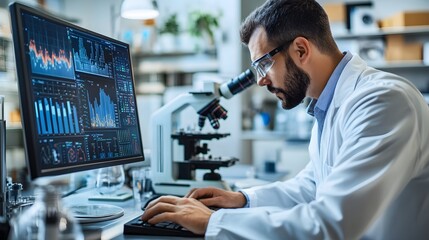 Scientist in a lab coat working with a computer and a microscope