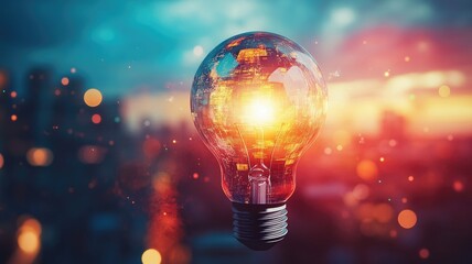 Glowing lightbulb with city reflections, symbolizing innovation and technology