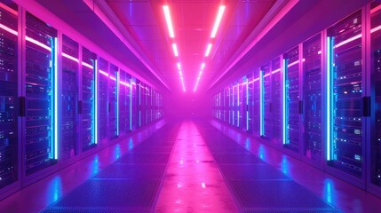 Rows of servers and neon lights in a data center hallway