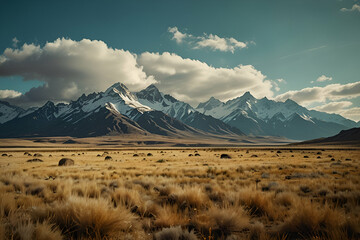 A picturesque landscape featuring a field of tall grass with impressive mountains looming in the background.