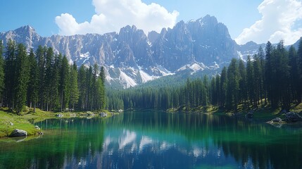 Serene mountain lake reflecting trees and peaks under a blue sky.