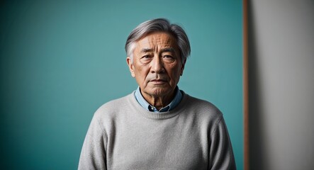 Obraz premium Serious elderly Asian man with grey hair wearing sweater on plain turquoise background