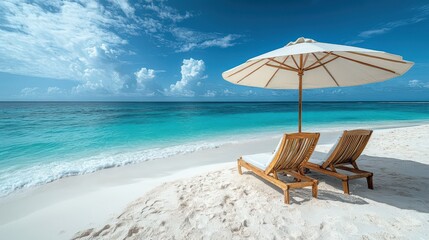 Obraz premium Relaxing Beach Paradise with Umbrella and Lounge Chairs